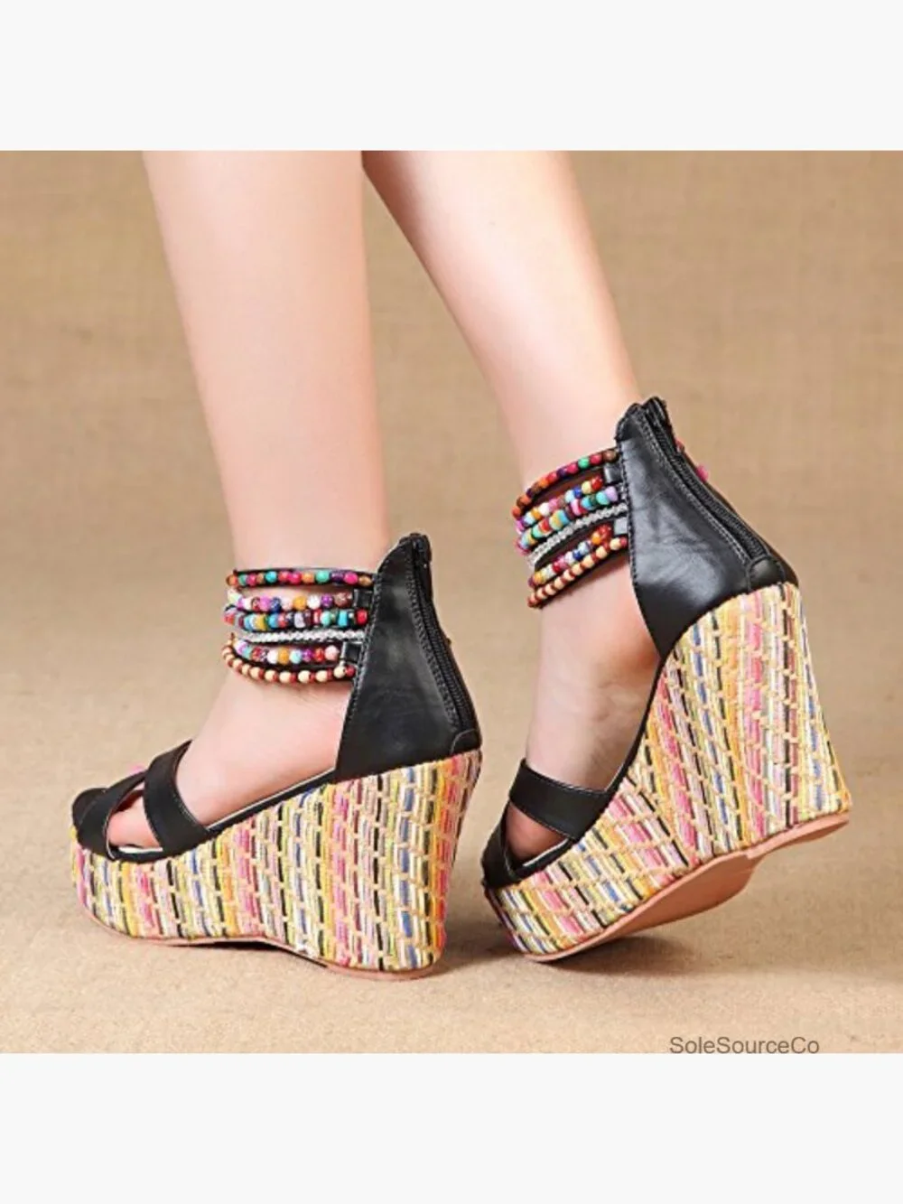 Women's Pearl Wedge Sandals Platform High Heels Back Zip Peep Toe